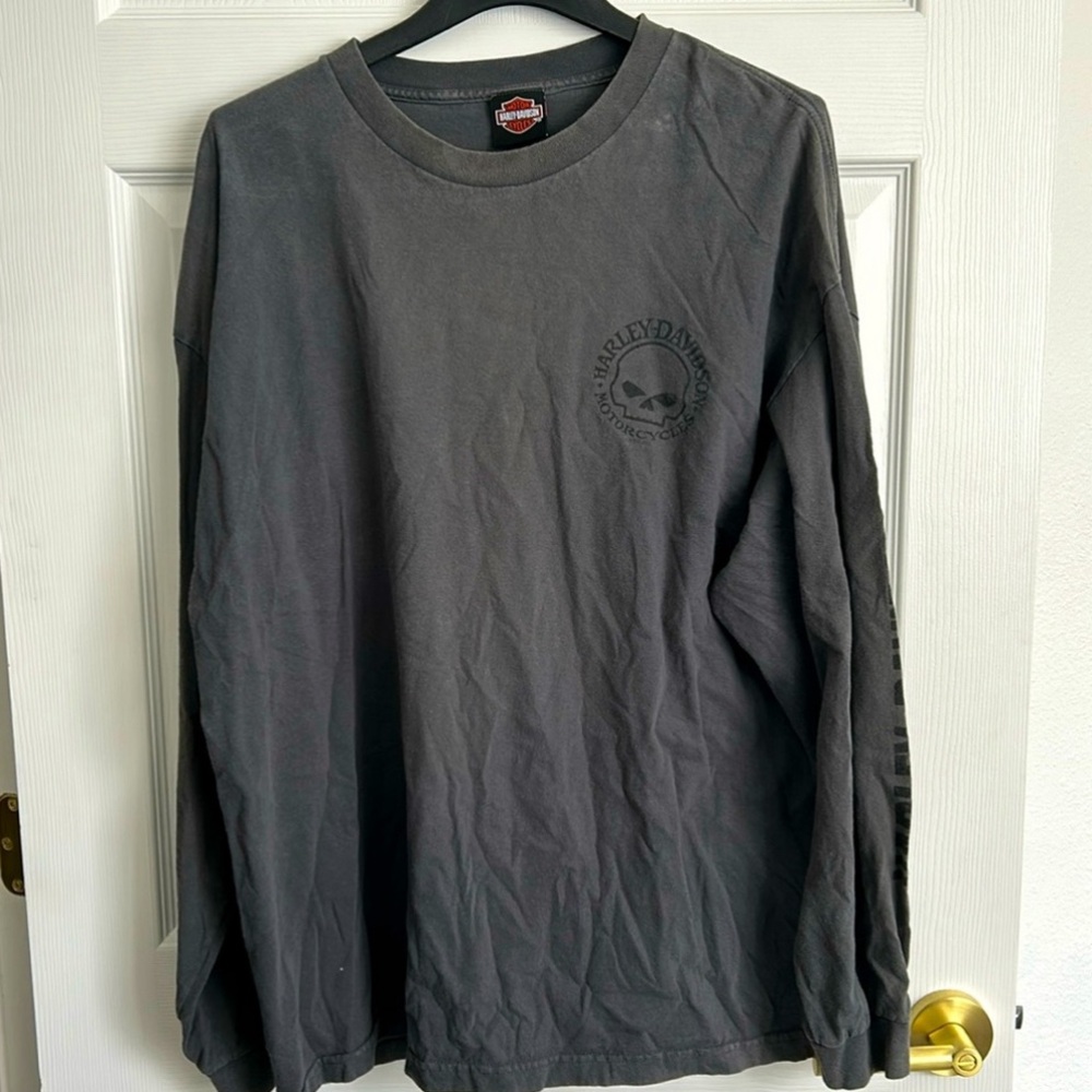 Harley Davidson Motorcycle Skull Graphic Grey Crew Neck Long Sleeve T Shirt